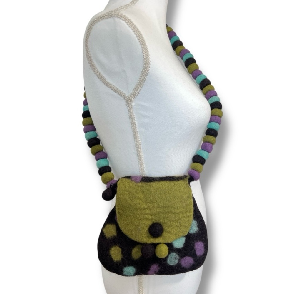 Rising Tide Handmade Felted Wool Crossbody‎ Bag Nepal Boho Polka Dot Fair Trade